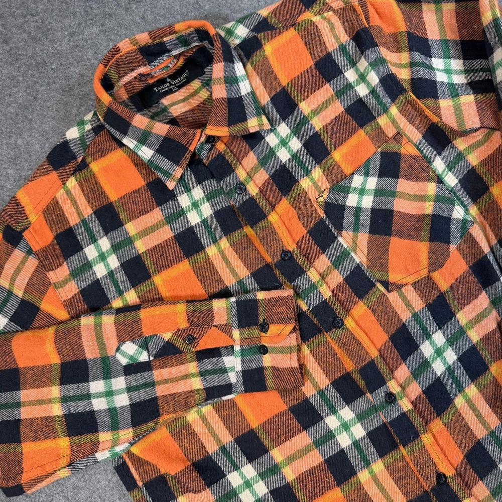 Tailor Vintage Shirt Mens XL Orange Plaid Flannel Long Sleeve Button Up Casual
